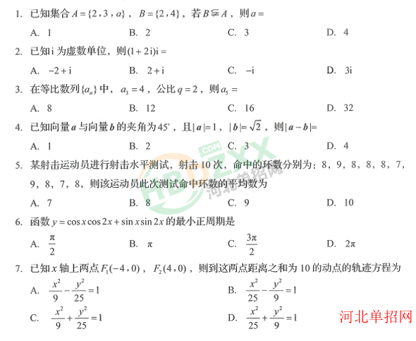 河北省高职单招数学练习题20 图1